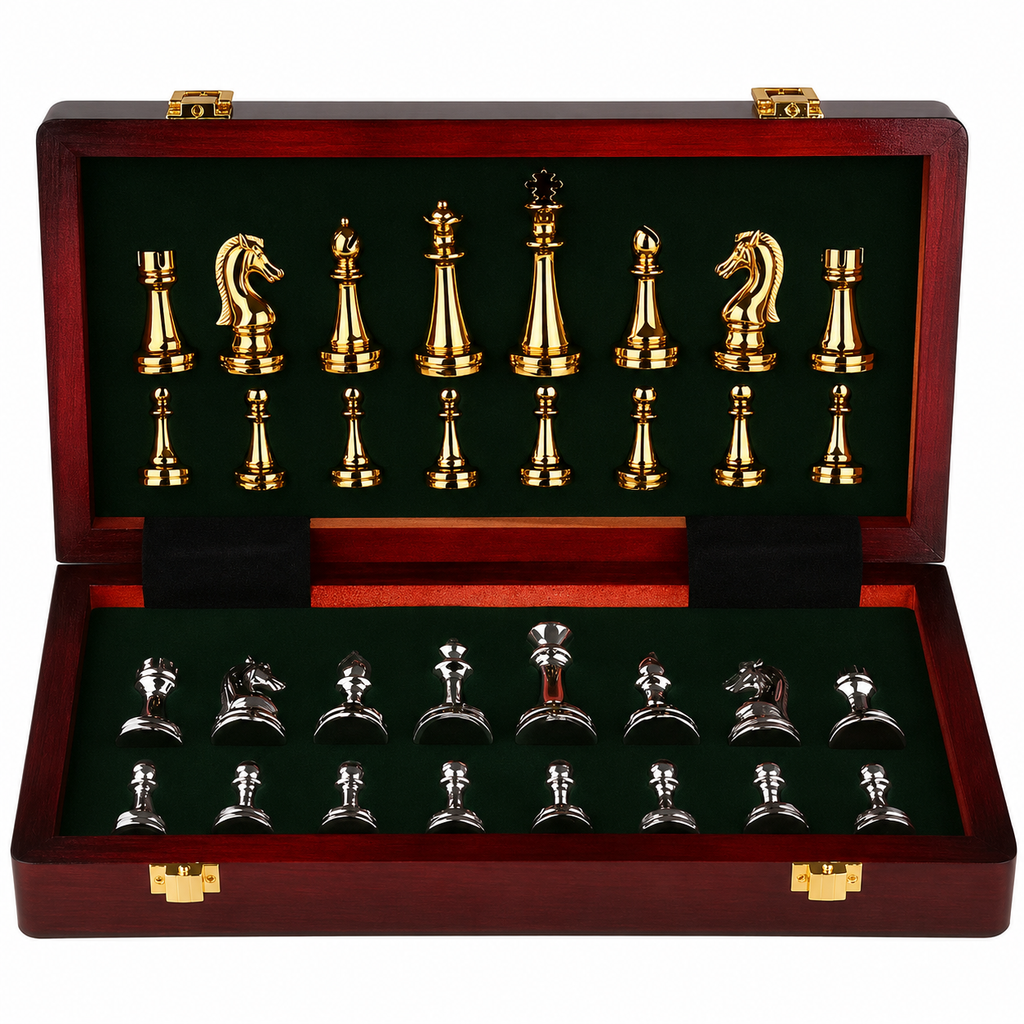 Jeu d'échecs en bois avec pièces en zinc