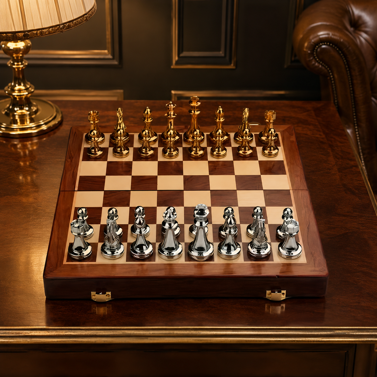 Jeu d'échecs en bois avec pièces en zinc