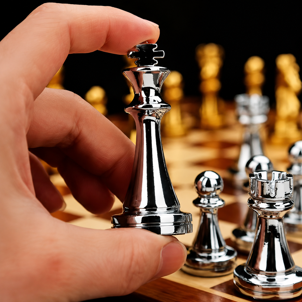 Jeu d'échecs en bois avec pièces en zinc