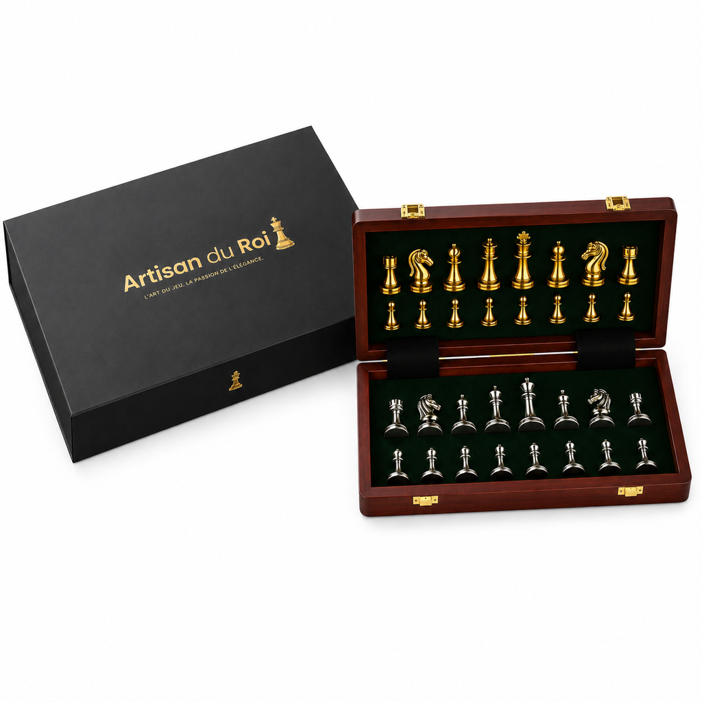 Jeu d'échecs en bois avec pièces en zinc