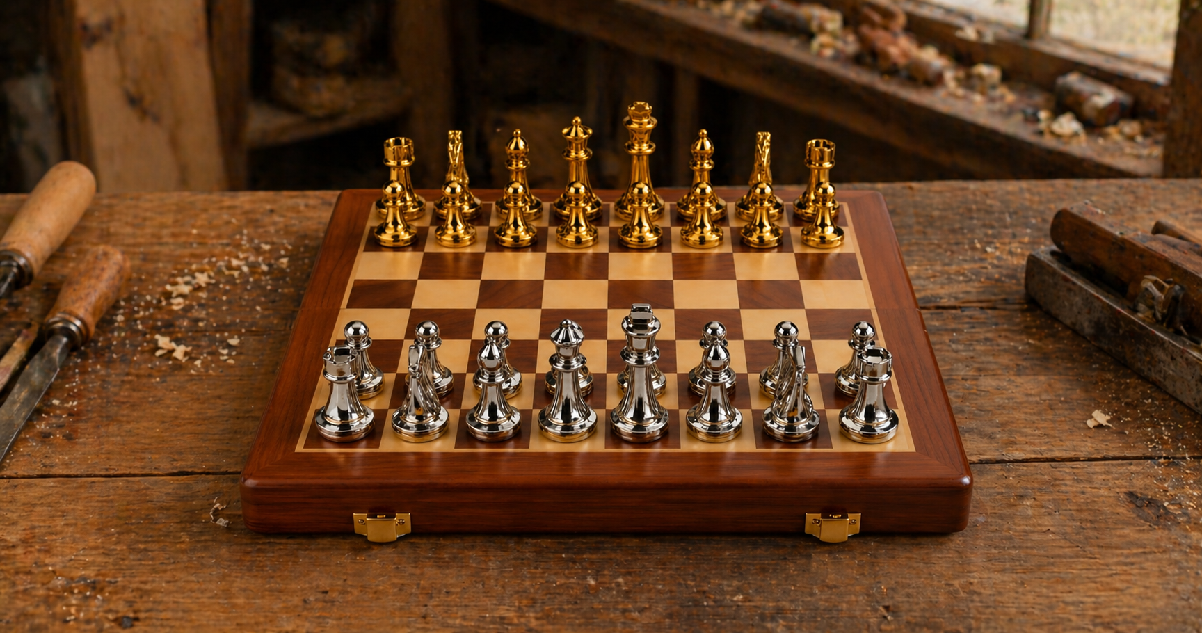 échiquier en vois et pièces en zinc