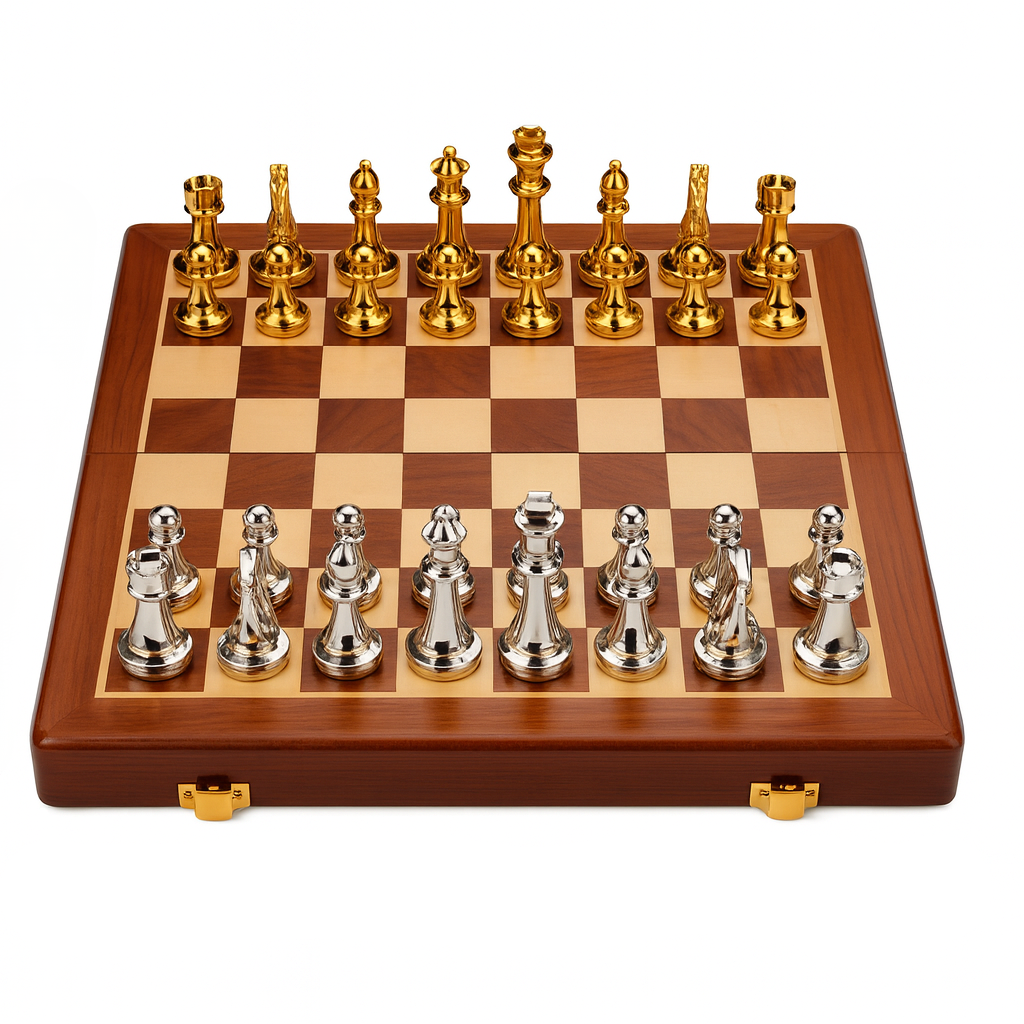 Jeu d'échecs en bois avec pièces en zinc