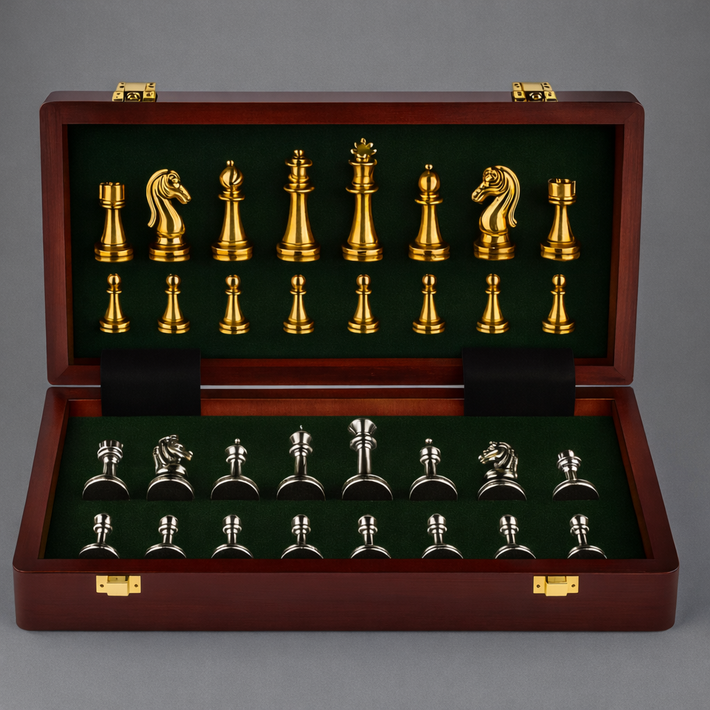 Jeu d'échecs en bois avec pièces en zinc 